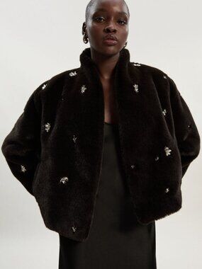 KAREN MILLEN Crystal-embellished faux fur cropped coat